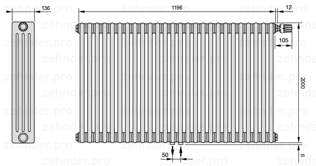 Схема (чертеж) Радиатор Zehnder Charleston 4200/26 №V008 Белый глянцевый RAL 9016